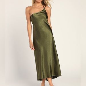 Lulu’s Midi Olive Green Satin One-Shoulder Dress